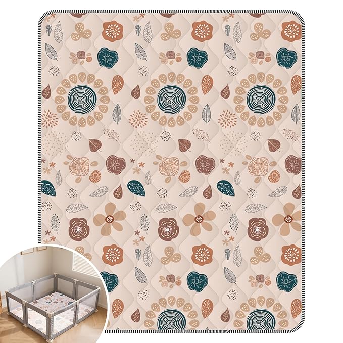Baby Play Mat for Floor,71x59 Inch Soft Padding Crawling Mat for Playpen, Foldable and Machine Washable, Thick for Babies & Toddlers,Boho Flower