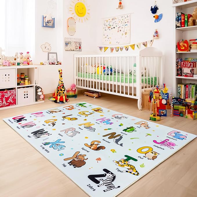 Kids Rugs for Playroom, 4x5 Feet Educational Rug for Learn The ABC Alphabet, Soft Machine Washable Non-Slip Cute Cartoon Animals Carpet for Classroom Toddler Nursery Kids Room Decor, Blue