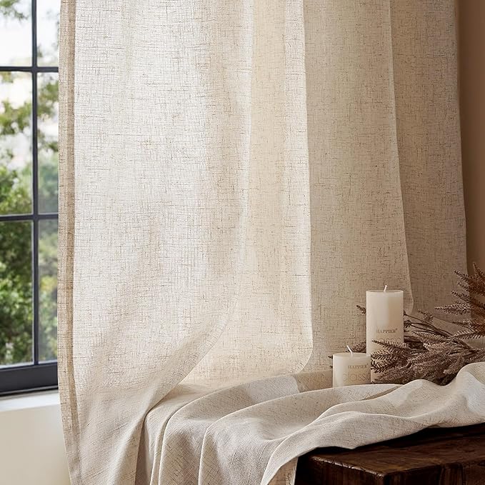 jinchan Beige Linen Blend Curtains 84 Inches Length 2 Panels for Bedroom Living Room, Light Filtering 50 Inches Wide Natural Farmhouse Drapes with Rod Pocket Back Tab (50W x 84L, Ecru)