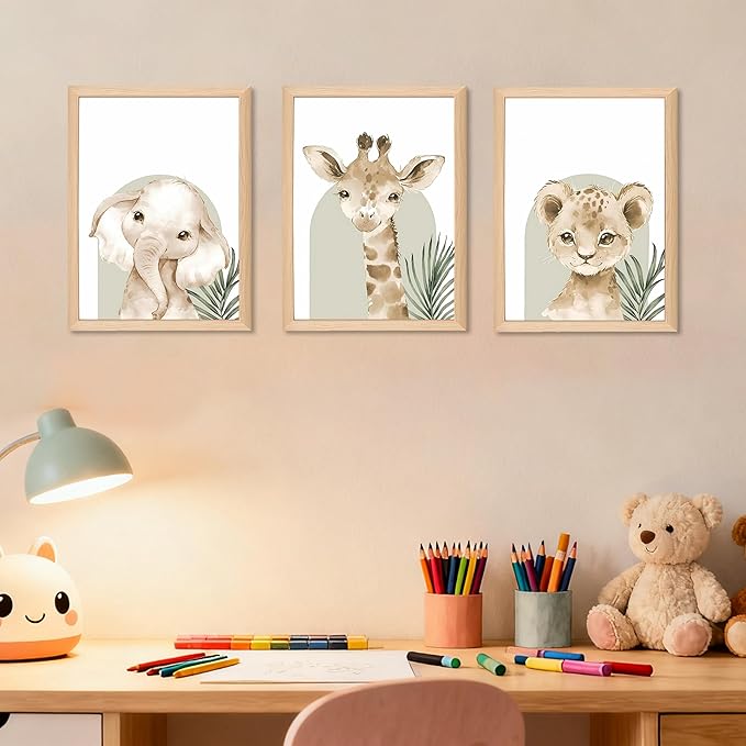 Framed Cute Animal Wall Art Nursery Decor Set of 3, Watercolor Elephant Giraffe Lion Canvas, Whimsical Wildlife Pictures Print, Nursery Wall Decor for Kids’ Bedroom Daycare – 16x12 inch
