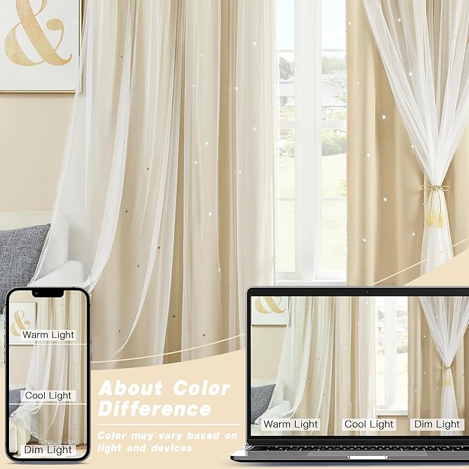 XiDi Beige Blackout Curtains with Sheer Overlay Star Cut Out Design Warm Color Double Layer Curtains Thermal Noise Reduction Grommet Darpes for Girls Kids Bedroom Living Room 34 x 84 Inches, Set of 2