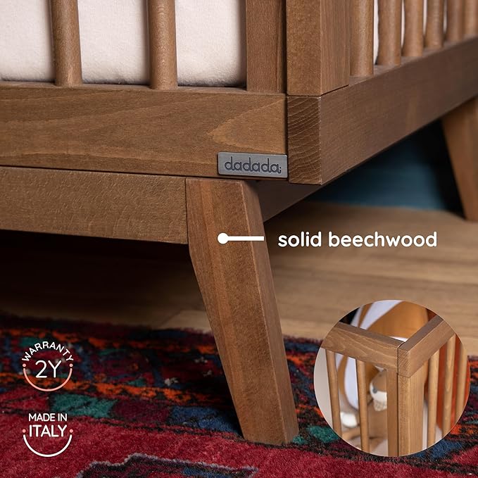 dadada Baby Soho 3 in 1 Convertible Wooden Crib to Toddler Bed - Made in Italy, GREENGUARD Gold Certified, Baby-Safe Finish, Sustainable Beech Wood, Modern Design, 3 Adjustable Heights (Walnut)