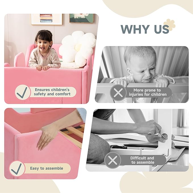 Toddler Bed Frame with 2 Drawer and Storage Bag, Kids Bed with Removable Safety Rails, Standard Crib Size Portable Beds, Safety Upholstered Child Beds for 1-6 Years Old