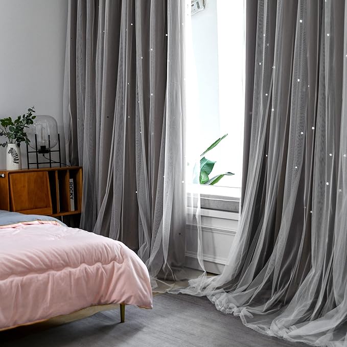 Kinryb Kids Blackout Curtains for Bedroom/Living Room/Classroom, Sheer Overlay 2 Free Tiebacks, Double Layer Curtains with Star Cutout for Kids Room(Each Piece W 70 x L 84 Inches 2 Pcs Coffe)