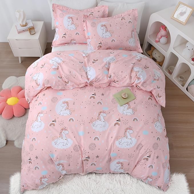 JSD Pink Unicorn Kids Duvet Cover Set Queen Size, 3 Piece Girls Printed Microfiber Bedding Comforter Cover with Pillow Shams Zipper Closure, Comforter Not Included