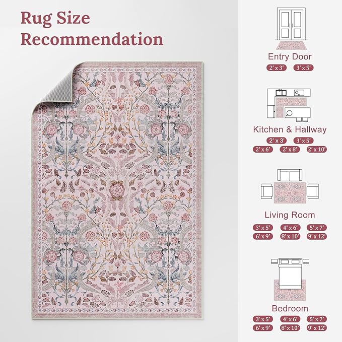 AMTOVO 2x3 Washable Entryway Area Rug Door Mat, Vintage Boho Floral Distressed Print Non-Slip Carpet, Small Throw Rug for Indoor Entrance Kitchen Bedroom Bathroom Laundry Floor, Pink