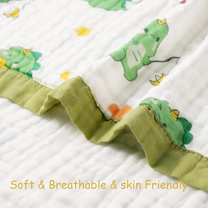 Muslin Baby Blankets, Nursery Blankets for Boys Girls, Swaddle Blankets Neutral Soft Lightweight Toddler and Kids Throw Blankets (Green Dinosaur)