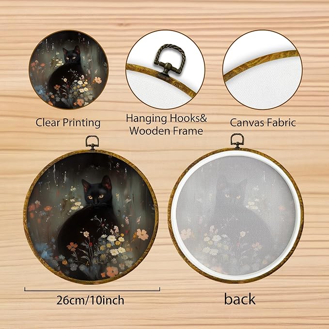 Hiuwevt Vintage Moody Floral Black Cat Round Wall Art Decor, Dark Cottagecore Floral Framed Canvas Prints, Rustic Black Kitty Round Wall Hanging Decor for Home Bedroom Decorations, 10x10 Inches