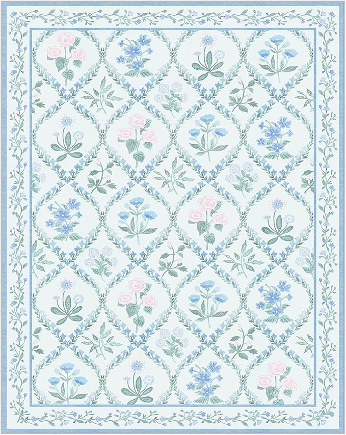 Blue 8x10 Rugs for Living Room, 8x10 Boho Floral Washable Area Rug Non Slip, Soft Cute Indoor Decor Elegant Carpet for Bedroom Kids Room Nursery Dining Room,Blue Multi