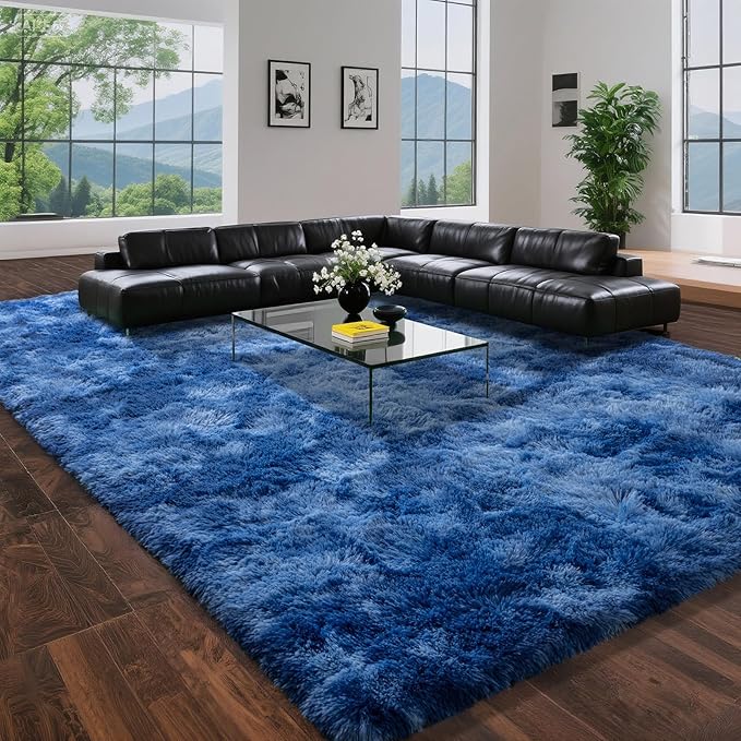 DweIke Fluffy Navy Blue Shag Rugs for Bedroom Living Room, 4x6 Feet Soft Plush Tie-Dyed Dark Blue Girls Boys Kids Rug, Non-Slip and Machine Washable Carpet for Dorm Nursery Classroom Decor