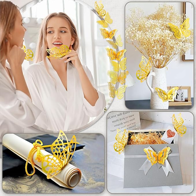 96 Pcs Butterfly Decorations 3 Sizes 4 Styles 3D Butterfly Wall Decor Party Decorations Butterflies for Crafts Birthday & Wedding Celebrations Cake Decorating Balloons Removable Stickers Gold