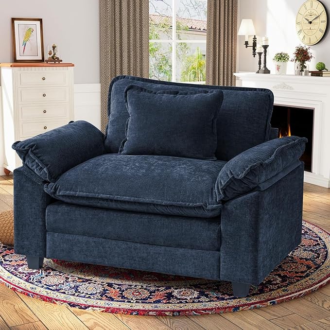 CDCASA Oversized Accent Chair, Chenille Comfy Cloud Sofa Chair with Large Seat and Upholstered Armrests, Modern Extra Wide Armchair Reading Chairs for Living Room, Blue