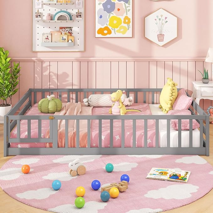 Giantex Full Floor Bed with Door & Fence, Kids Wood Montessori Beds with Safety Guardrails, Floor Bed Twin for Kids, Boys, Girls, No Box Spring Needed, Grey