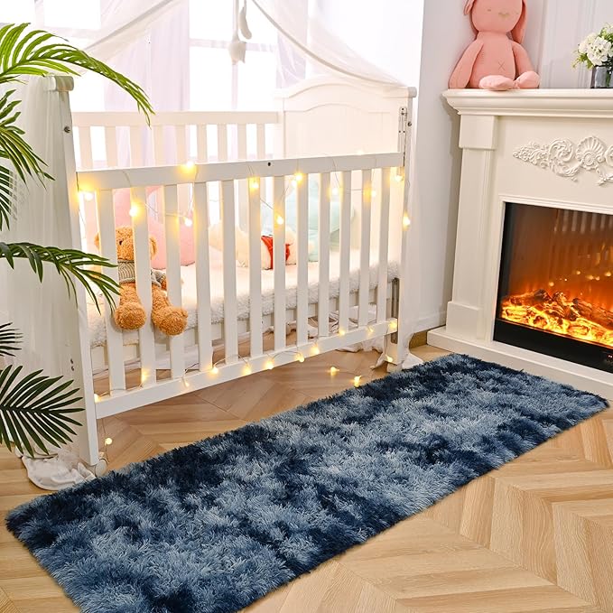 DweIke Fluffy Blue Grey Runner Rugs for Bedroom, 2x6 Feet Soft Plush Long Runners for Girls Boys Kids, Non-Slip and Machine Washable Bedside Rug, Small Throw Carpet for Hallway Rooms Decor