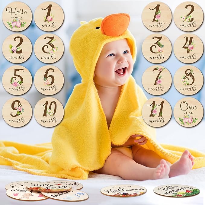 Tiamon 16 Pieces Wooden Baby Monthly Milestone Cards Monthly Milestone Marker Discs Double Sided Wooden Circles Months Signs for Baby Shower Newborn Photo Props(Flower)