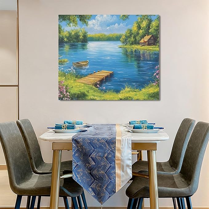 Large Green Lake Wall Art for Living Room, Framed Oversized Tree Boat Wildflowers Wall Decor Nature Landscape Canvas Painting Modern Artwork for Bathroom Bedroom Office Dining Room 36"x24"