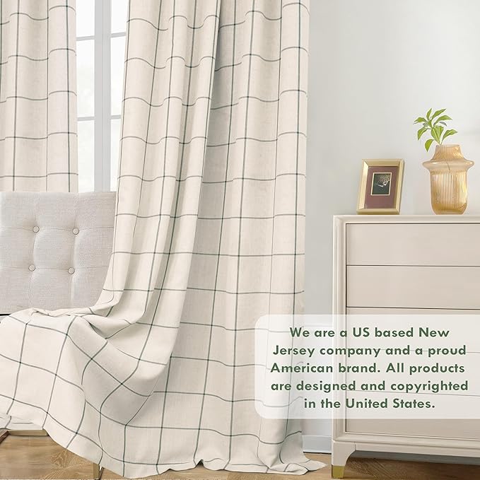 DriftAway 2 Panels 100% Blackout Windowpane Plaid Linen Curtains Double Layer Drapes for Bedroom 84 Inches Long Farmhouse Thermal Insulated 3.25 Inch Rod Pocket Back Tab for Living Room Loden Green