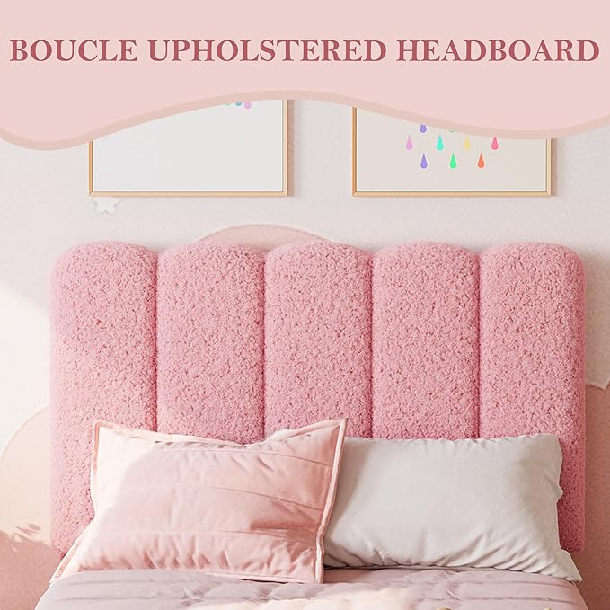 GarveeHome Twin XL Bed Frame, Boucle Upholstered Platform Bed with Wave Headboard for Girls/Kids, Easy Assembly, Wooden Slats Support, No Box Spring Needed, Light Pink