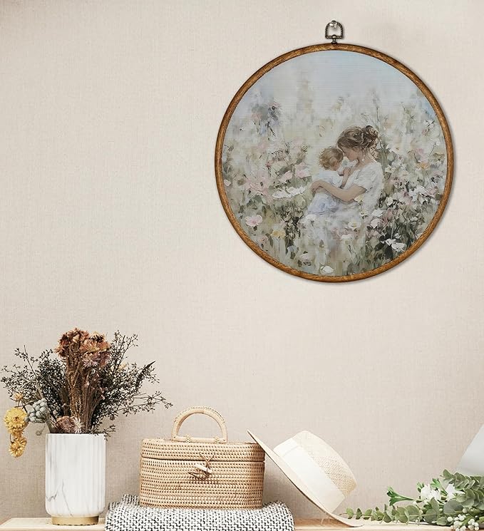 Vintage Mother & Child Round Wall Art Framed, Wildflower Meadow Nursery Wall Decor, Shabby Chic Botanical Landscape Hanging Canvas Prints(10X10inches) -A21