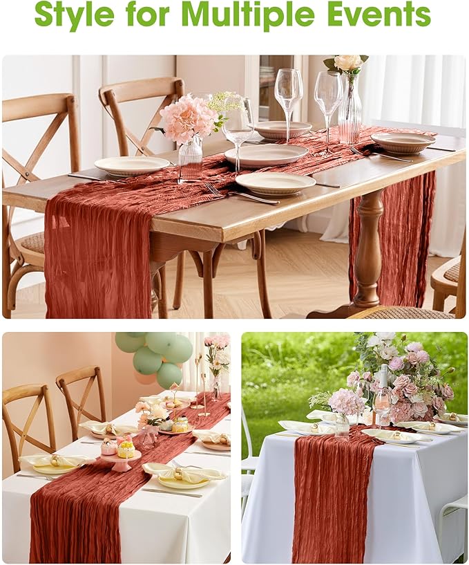 Pureegg 2-Pack Fall Thanksgiving Table Runner, 120'' Boho Table Cloth Decorations for Party, Baby Shower, Wedding and Farmhouse, Fabric Room Decor, Rust, Terracotta