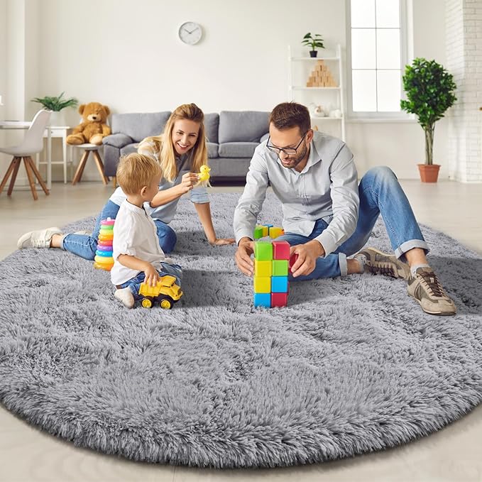 EVOIONOS Grey Round Rug for Living Room, 7x7 Ft Fluffy Soft Circle Area Rugs for Bedroom, Plush Shaggy Circular Carpet for Indoor Floor Bedside Kids Nursery, Machine-Washable Home Decor Aesthetic
