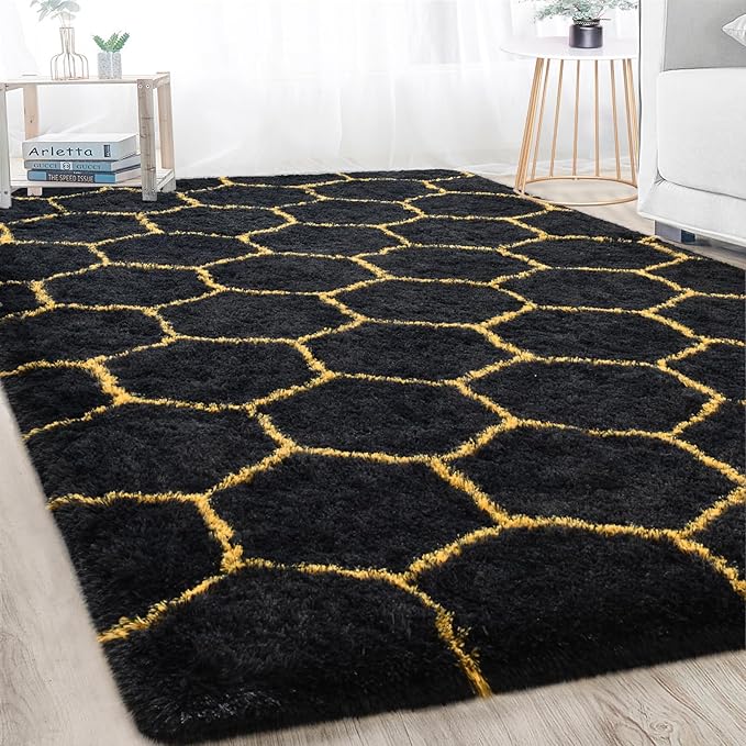 Meralax Hexagon Gold/Black Rugs for Living Room Bedroom, 5x8 Soft Area Rug Fluffy Shaggy Bedside Rug, Machine Washable Indoor Floor Carpet for Kids Boys, Dorms, Nursery Rooms, Home Decor Aesthetic