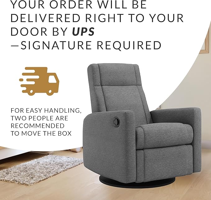 Jaymar Nelly Modern Nursery Glider Recliner Chair – Cozy Nursing Chair with 360° Swivel for New Parents, Gentle Motion, Compact Design, Lumbar Support – Made in Canada (Charcoal/Nexus Fabric)
