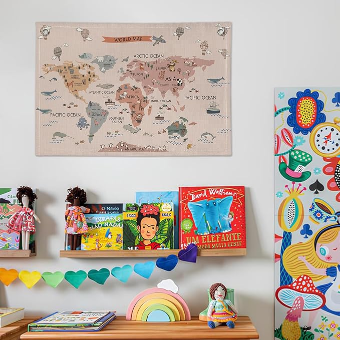 Wheatwin World Maps for Wall, World Map Banner for Kids, Cute Animal World Map Educational Tapestry Wall Hanging Banner Flag Decor for Kids Room Classroom Playroom