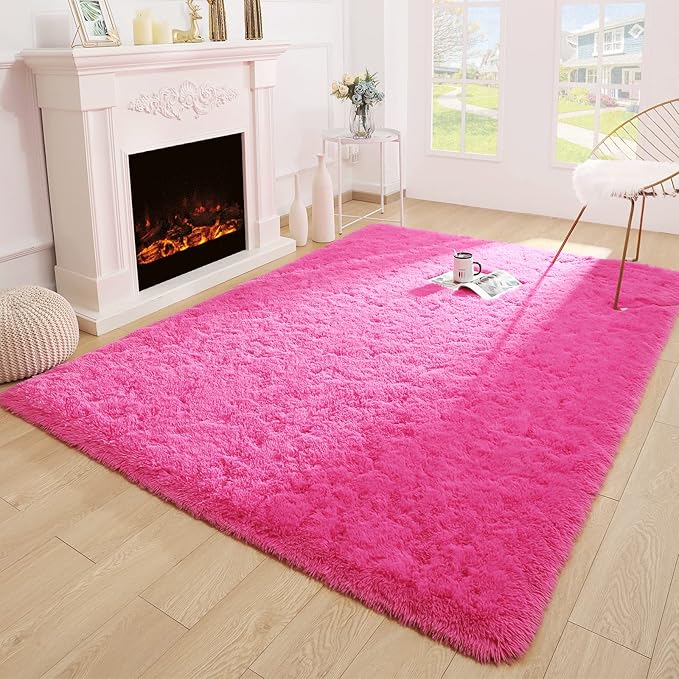 Merelax Soft Modern Indoor Large Shaggy Rug for Livingroom Bedroom Dorm Kids Room Home Decorative, Non-Slip Plush Fluffy Furry Fur Area Rugs Comfy Nursery Accent Floor Carpet 6 X 9 Feet, Hot Pink