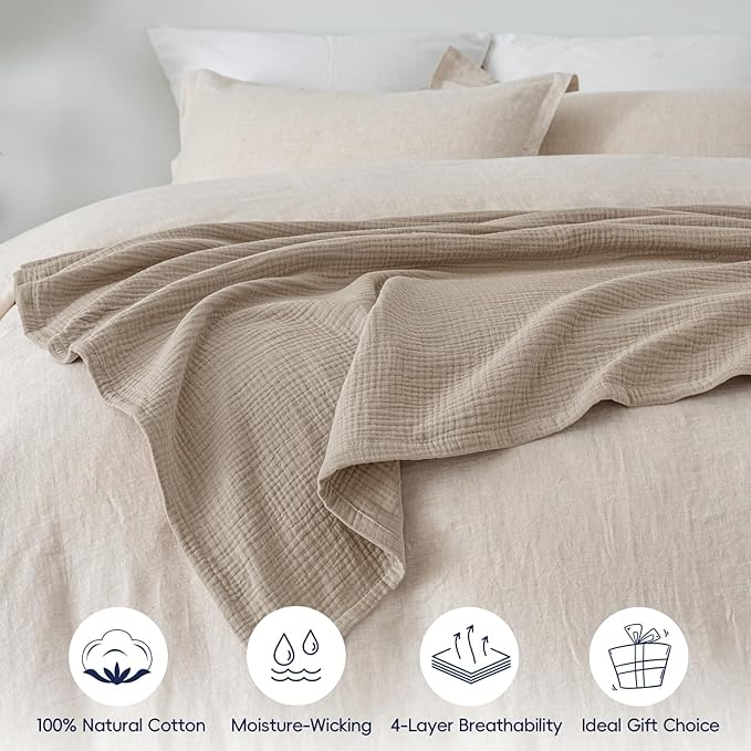 PHF 100% Cotton Muslin Throw XL Blanket Large 50" x 70", 4-Layer Lightweight Gauze Throw, Breathable Cloud-Soft Minimalist Blanket for Bed, Couch, Camping & Baby, Taupe, Ideal Gift