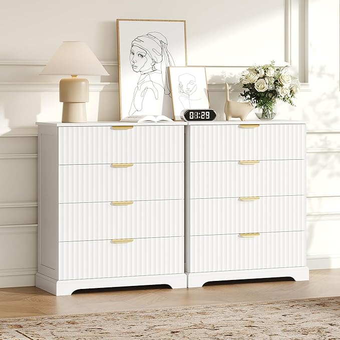 Fluted Dresser with 4 Drawers for Bedroom, 36.6" Tall Dresser with Metal Handle, Wooden Chest of Drawers for Bedroom, Living Room, Entryway, White