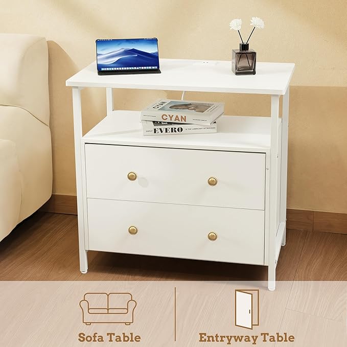 27 inch Wide Night Stand Set 2 with Charging Station, Bedside Table with Open Shelf, 2 Drawers Small Wood Dresser, Modern Wood Nightstand for Bedroom/Living Room (White)