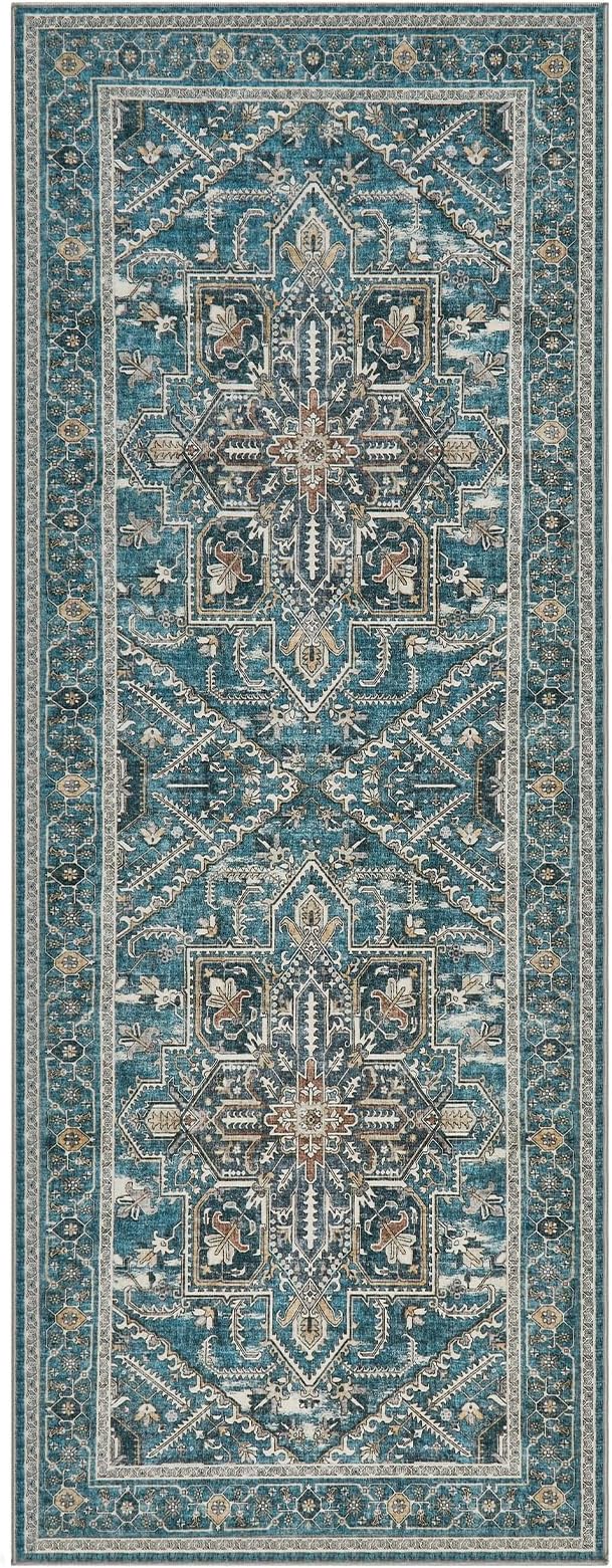 WITSHOCK 3x8 Kitchen Runner Rugs Teal: Washable Rug Boho Soft Low Pile Stain Resistant Foldable Carpet for Bedroom Hallway Entryway Indoor Entrance Bedside, Vintage Distressed Farmhouse Rug, 36″x96″