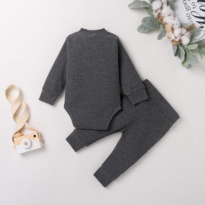 Newborn Baby Boy Girl Clothes Ribbed Knitted Cotton Long Sleeve Romper Long Pants Solid Color Fall Winter Outfits