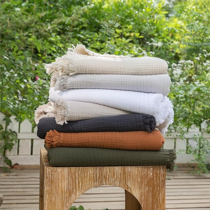 MooMee Muslin Blanket - 100% Cotton 4-Layer Gauze Throw Blanket with All-Around Fringe, Ultra-Soft Breathable Lightweight Cooling Decorative for Bed, Sofa & Couch (Light Grey,Super King 108" x 98")
