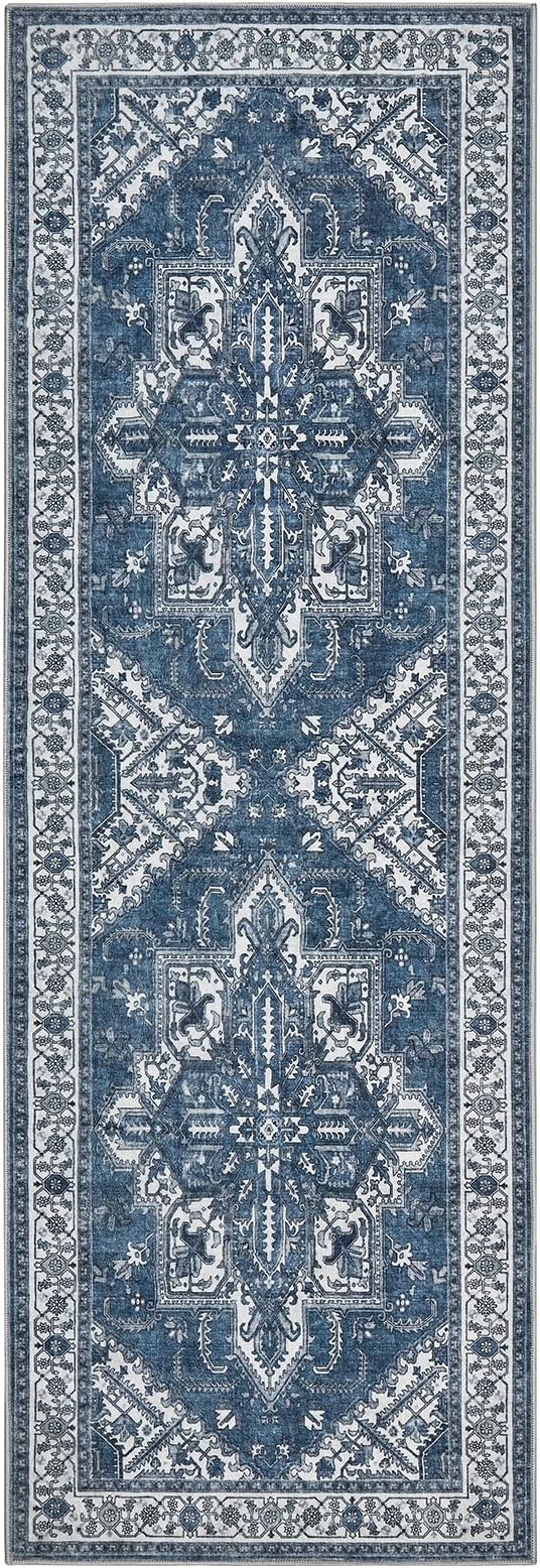 WITSHOCK Boho Area Rugs Machine Washable for Living Room Bedroom, 2x6 Vintage Non-Slip Stain Resistant Floor Carpet Indoor for Bedroom Kitchen Entryway Bathroom, Blue