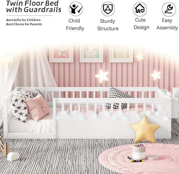 Twin Toddler Floor Bed with High Rails, Wooden Montessori Bed Frame with Light and Storage Shelf, Twin Size Bed Frame for Kids, Boys and Girls, White