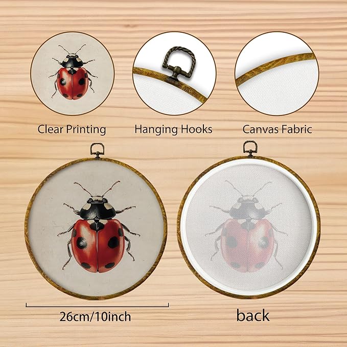 Hiuwevt Vintage Ladybug Round Wall Art Decor, Farmhouse Cottagecore Lady Bugs Framed Canvas Prints, Rustic Insect Round Wall Hanging Decor for Home Bedroom Living Room Decorations, 10x10 Inches