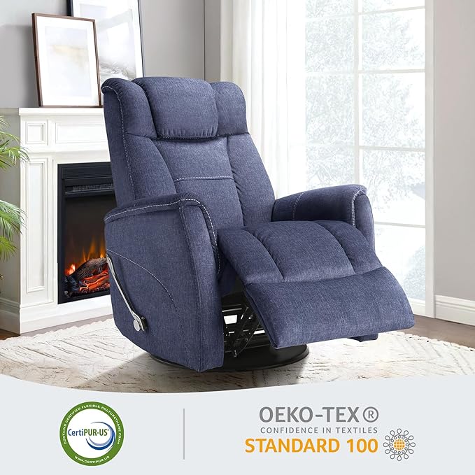 360° Swivel Rocking Recliner, Manual Comfy Nursery Glider Rocker Chair for Indoor Bedroom, Upholstered Soft Fabric Living Room Reclining Chair with Lumbar Support for Adults (Blue)