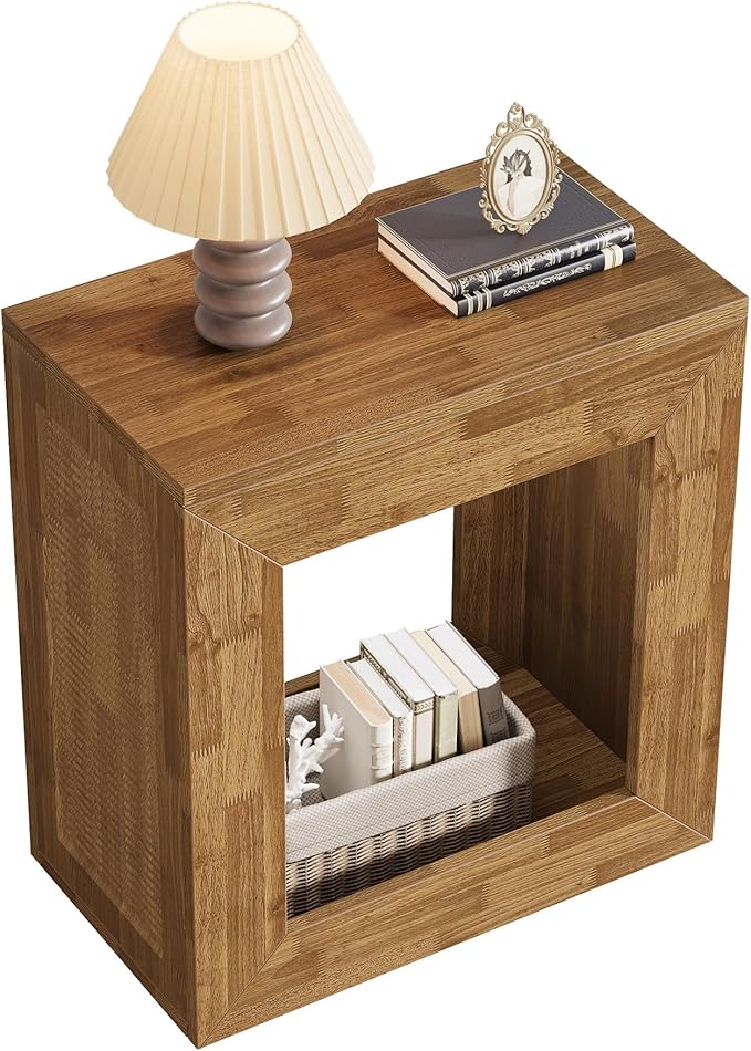 Tribesigns Rustic End Table, 2-Tier Wooden Side Table with Sturdy Base, Farmhouse Narrow Nightstand with Storage Shelf for Living Room, Bedroom, Brown