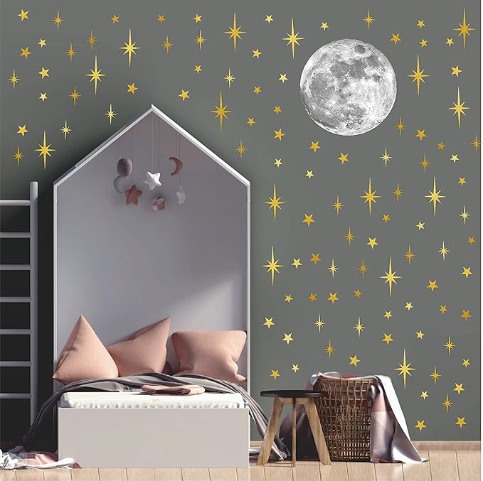 Moon and Stars Wall Decal Moon Wall Sticker Gold Star Decals Peel and Stick Wall Stickers Mural for Kids Baby Room Nursery Wall Decor Vinyl Star for Ceiling Wall Decals for Bedroom Playroom Decoration