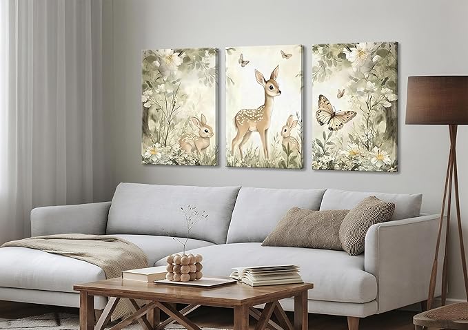 3Pcs Woodland Animal Nursery Canvas Wall Art Cute Forest Animal Wall Decor Pictures Deer and Butterfly Wildflowers Posters Prints for Nursery Bedroom Kids Room Home Decoration Prepare to Hang 12X16in