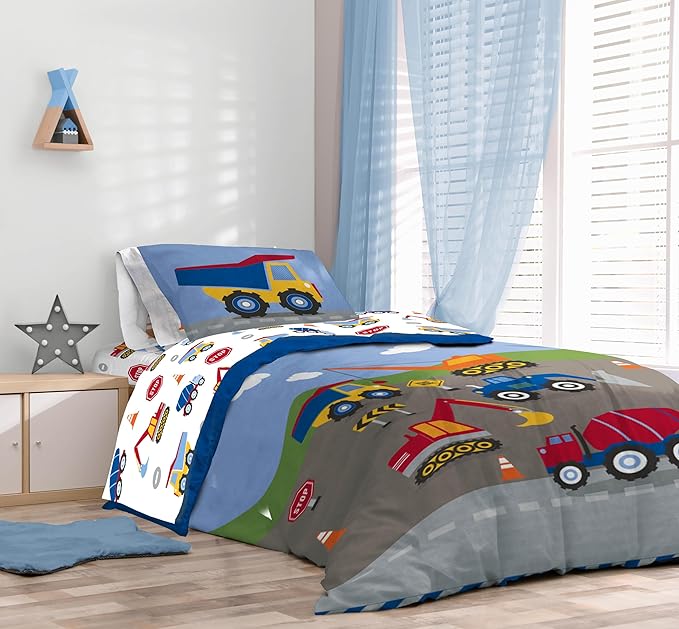 Sunny Side Up Construction Zone Twin Comforter Set - 5 Piece Kids Bedding Includes Comforter, Sheets & Pillow Cover - Super Soft Vehicles Microfiber Bed Set
