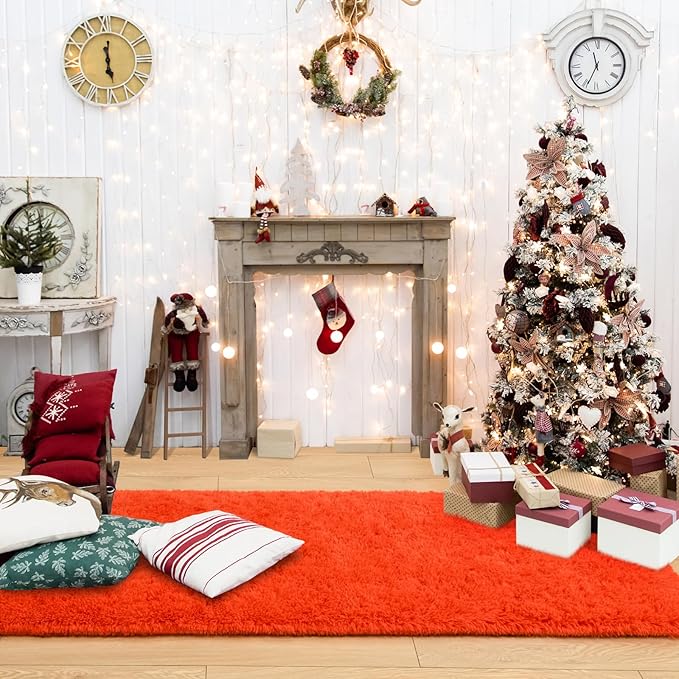 Merelax Fluffy Rug Shaggy Area Rug, Orange Red 2x4 Small Rugs for Fireplace Holiday Dearations, Mini Fuzzy Plush Kids Bedside Rug, Soft Non-Slip Entryway Throw Rugs Shag Catpet for Living Room