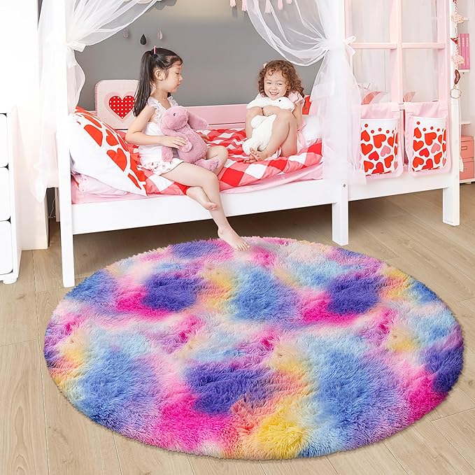 4x4 ft Pink Rainbow Round Fluffy Rug for Girls Bedroom,Colorful Soft Shaggy Circular Area Rug Kids Cute Fuzzy Carpet Furry for Living Room Nursery Playroom Room Unicorn Decor Reading Nook Mat
