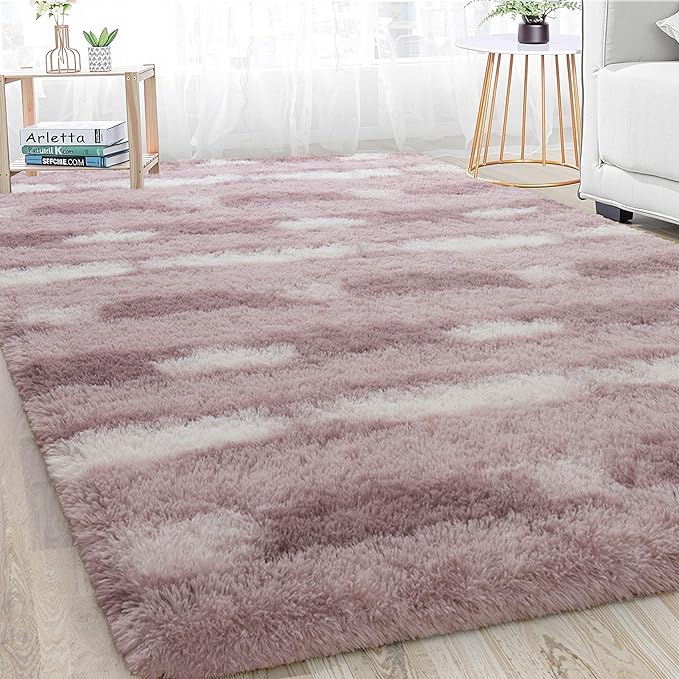Meralax Area Rugs for Living Room Bedroom, Machine Washable 5x8 Feet Soft Fluffy Shaggy Rug, Light Purple & White Stripe Indoor Floor Carpet for Girls, Dorms, Nursery Rooms, Home Decor Aesthetic