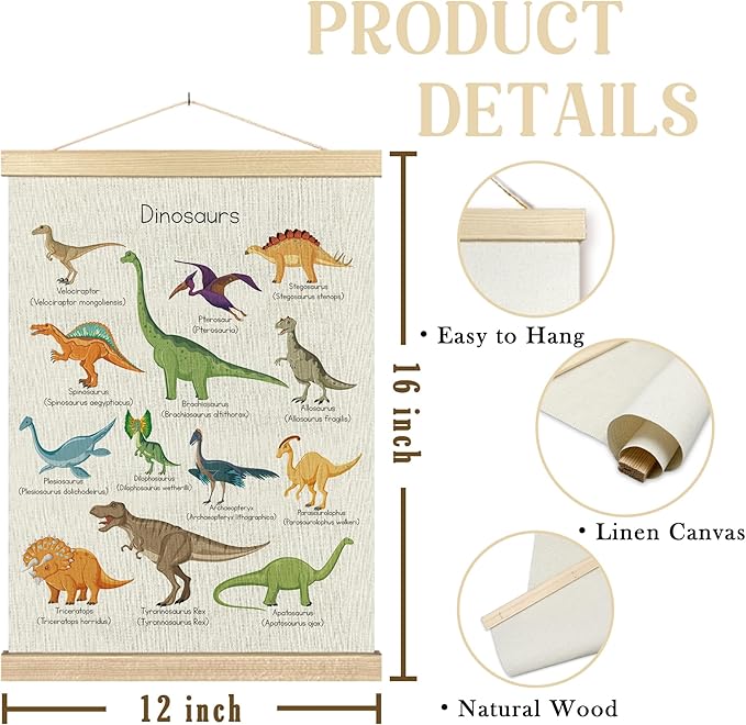 BCUANGD Dinosaur Dino Wall Decor - Toddler Boys Room Wall Art Poster Hanger with Wood Frames, Inspirational Wall Hanging Canvas Decor for Kids Baby Room Nursery Bedroom, 12x16 Inches