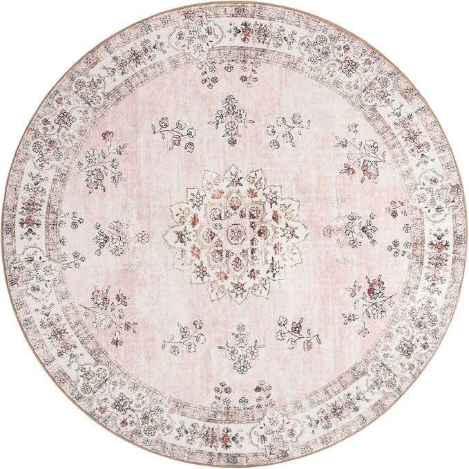 Lahome Pink Washable Round Rug 5ft, Soft Europe Vintage 5x5 Circle Rug for Nursery Kids Playroom, Non-Slip Floral Pastel Circular Carpet for Aesthetic Home Decorations Bedroom Decor