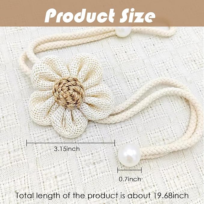 SRG 4pcs Handmade Pearl Curtain Tiebacks Boho Flower Curtain Holdbacks with Buckle Pins Simple Elegant Sunflower Rope Curtain Boho Bedroom Decor(Large Cream&Khaki)