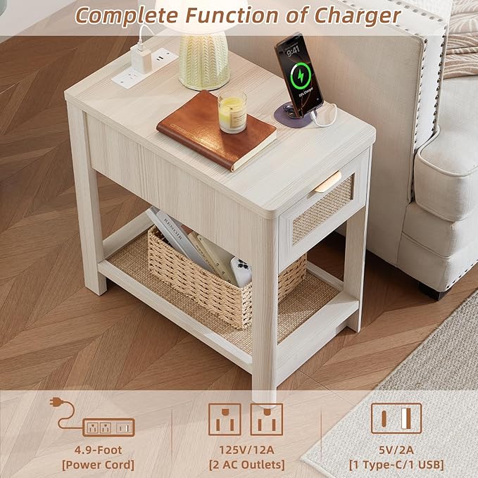 Lerliuo Narrow Night Stand with Charging Station, Boho Nightstand with Drawer, Bed Side End Table with Rattan Shelf for Small Spaces, Wood Nightstands Bedside Tables for Living Room Bedroom